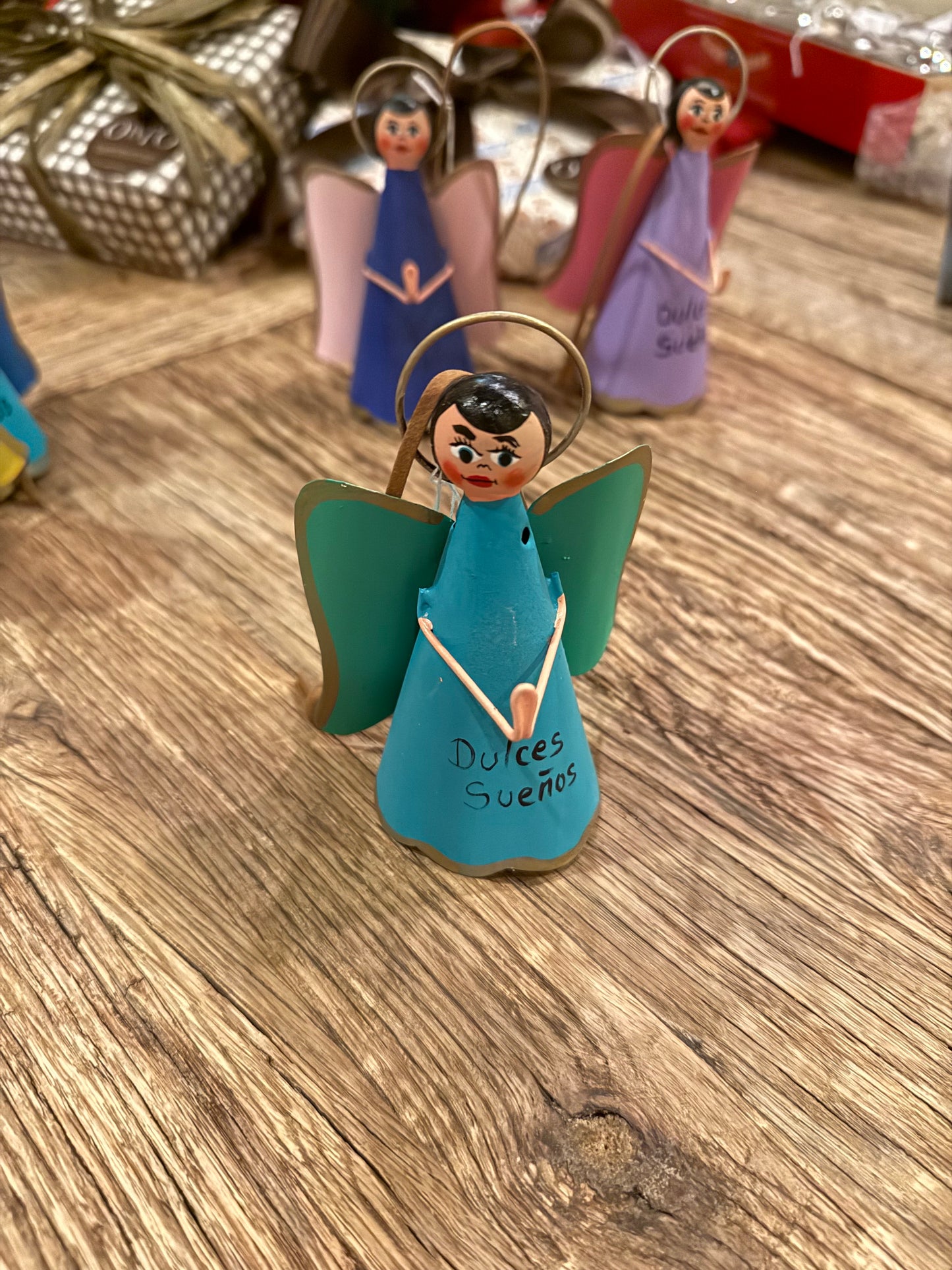 Handmade Angel Ornament on Leather Cording - Teal and Green