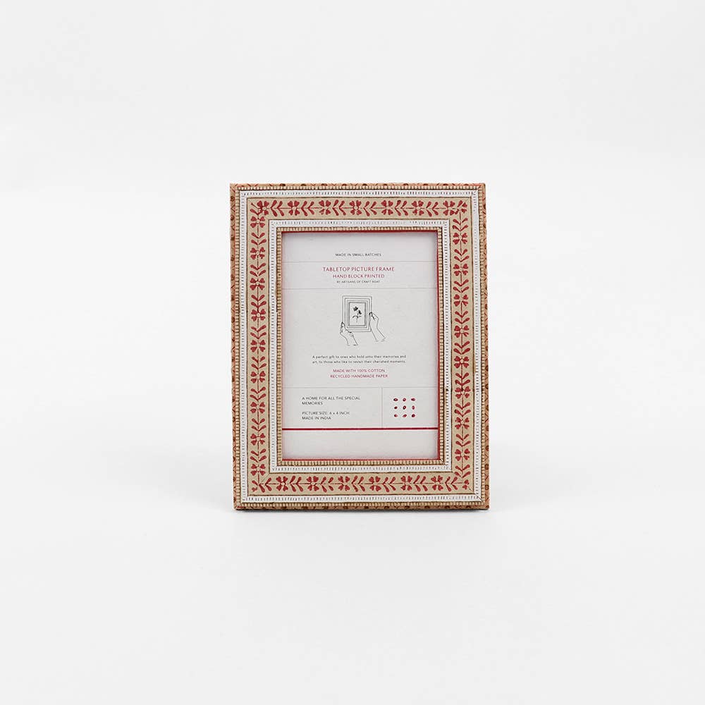 Block Printed Table Top Picture Frame - Floral Stripe Ochre