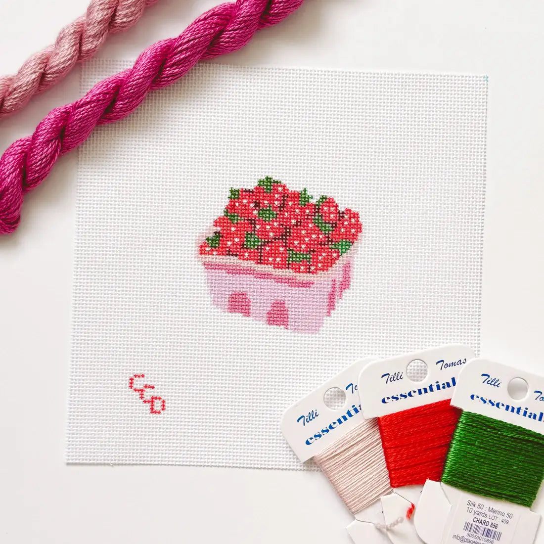 Hand-Painted Strawberry Basket Needlepoint Canvas 3” 18 mesh