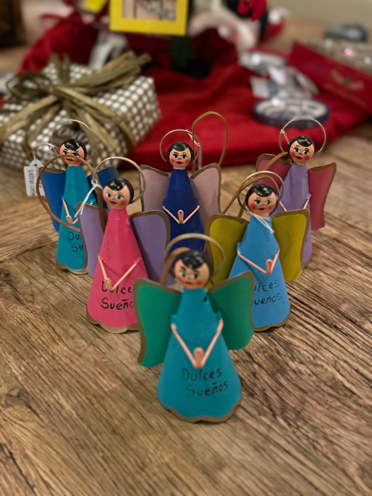 Handmade Angel Ornament on Leather Cording - Blue and Yellow