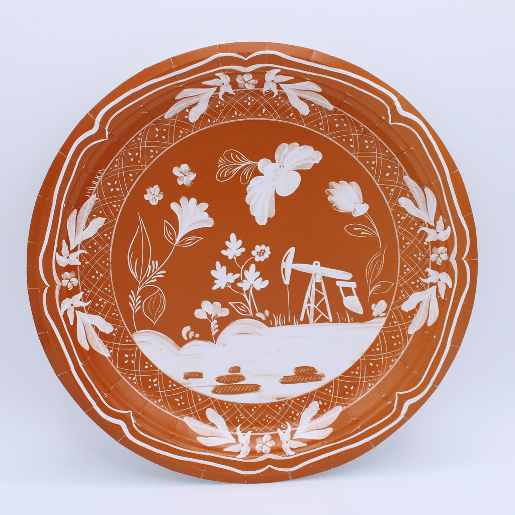 Rust Nodding Donkey Salad & Dessert Plates | Disposable China Plates in Burnt Orange & White