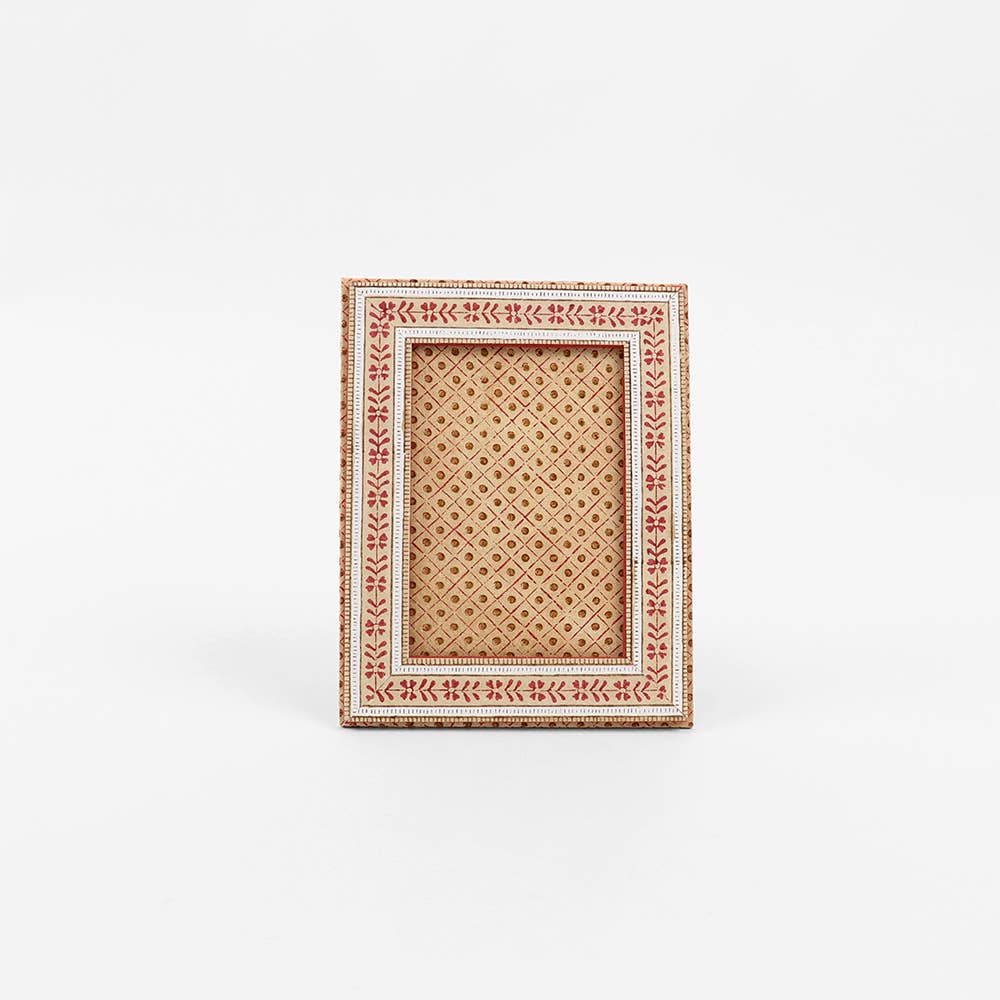 Block Printed Table Top Picture Frame - Floral Stripe Ochre
