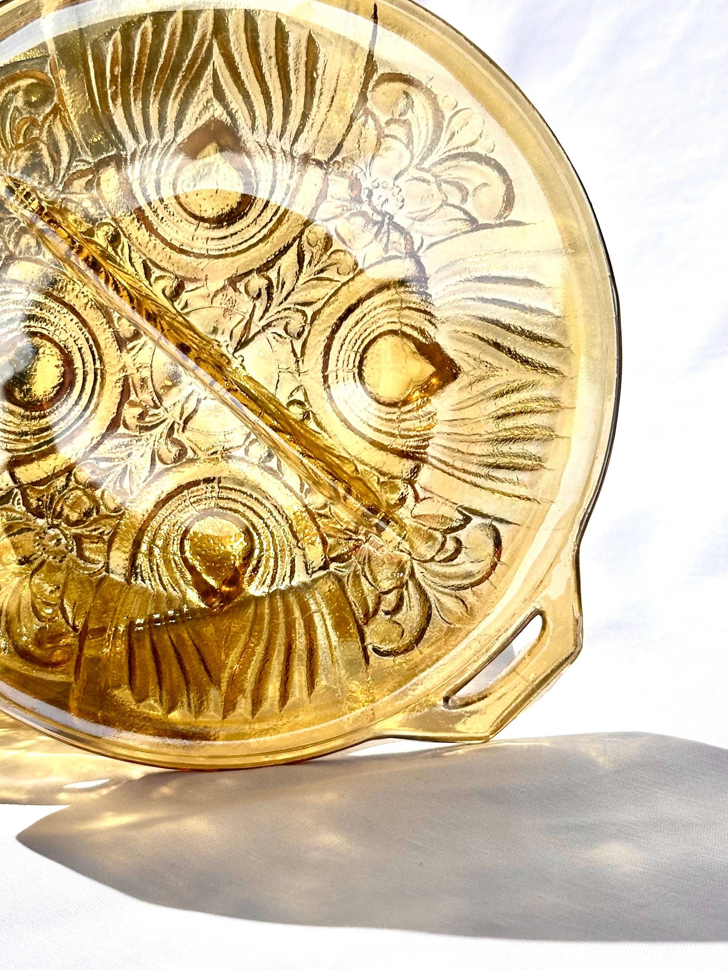 Vintage Amber Glass Divided Bowl with Handle