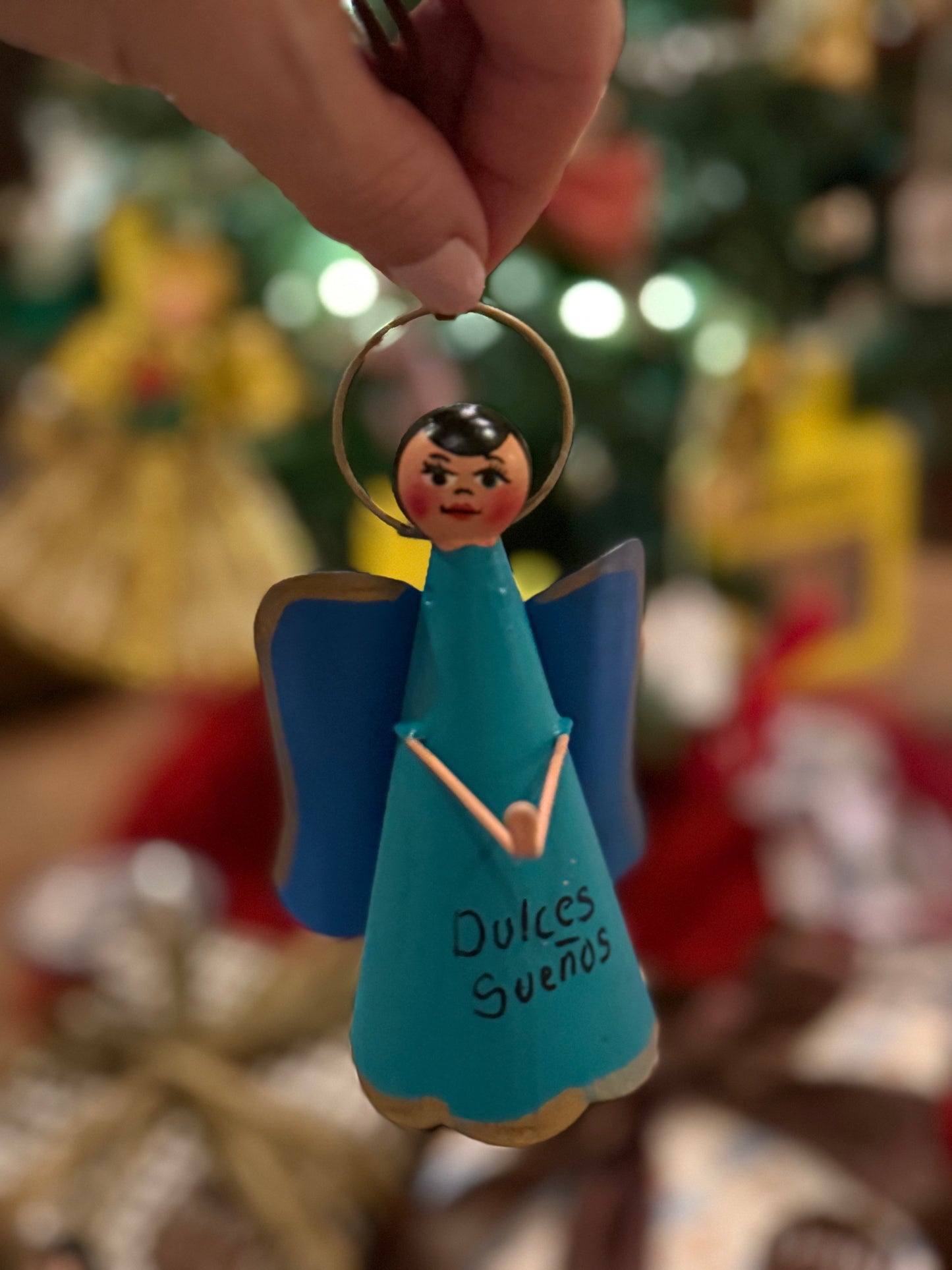 Handmade Angel Ornament on Leather Cording - 2 Tone Blue