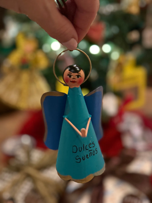 Handmade Angel Ornament on Leather Cording - 2 Tone Blue