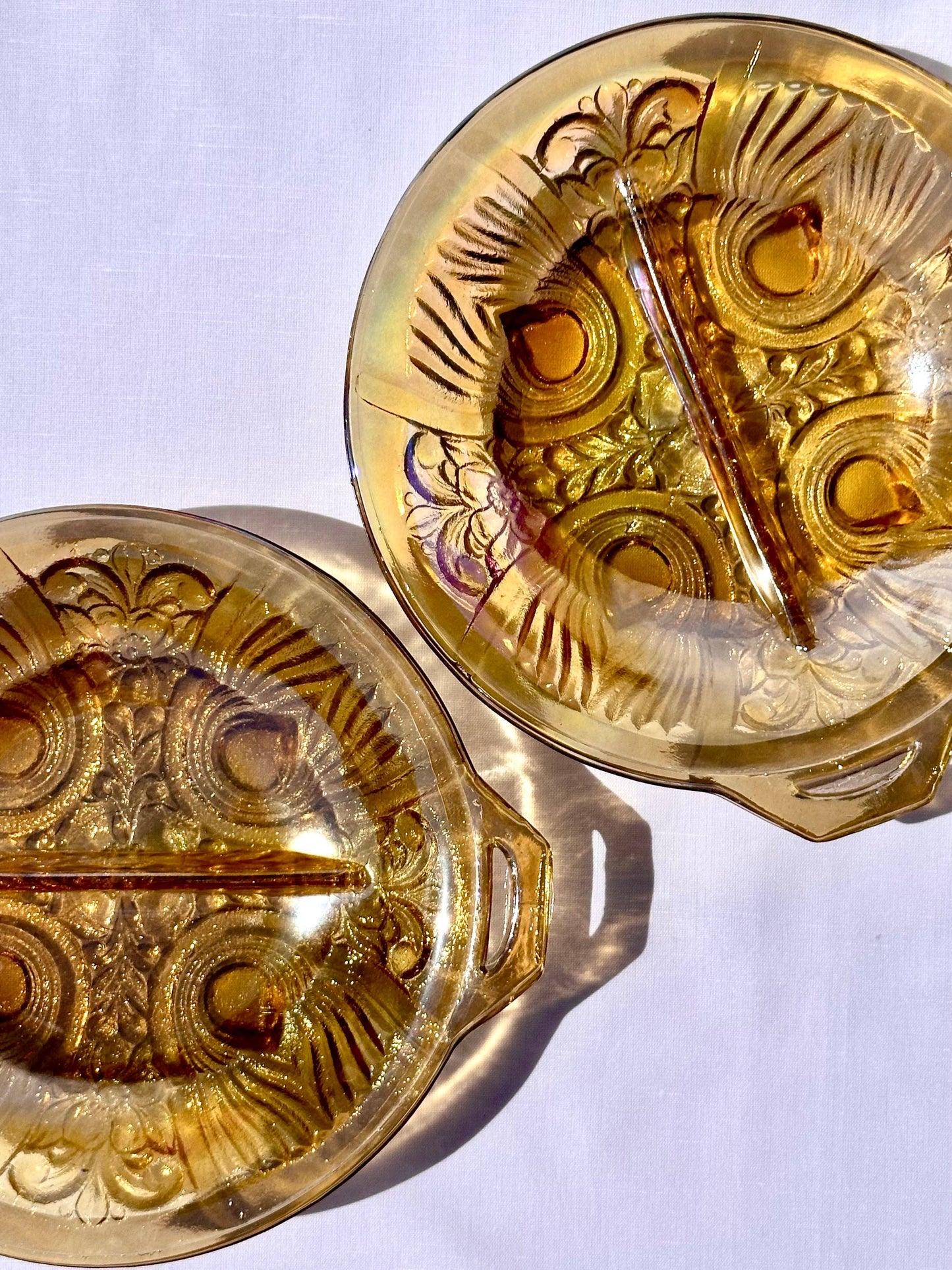 Vintage Amber Glass Divided Bowl with Handle