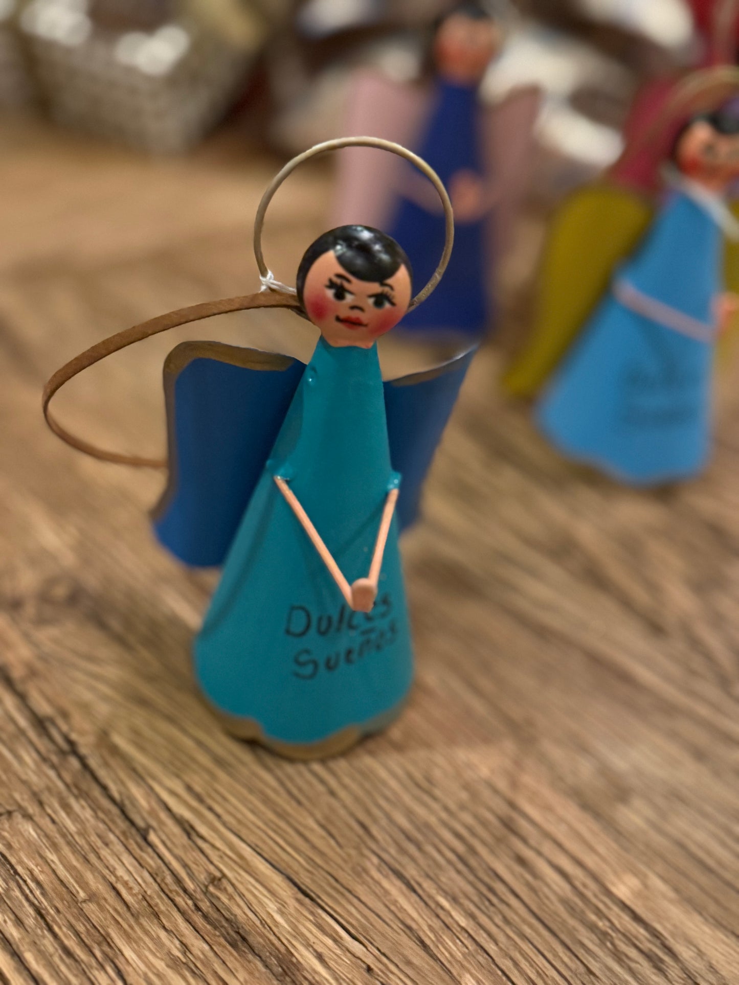 Handmade Angel Ornament on Leather Cording - 2 Tone Blue