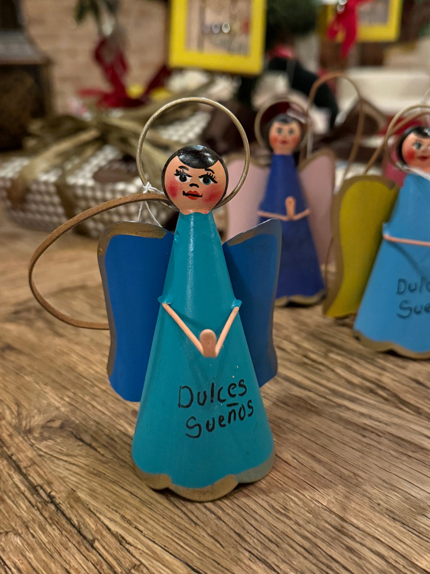 Handmade Angel Ornament on Leather Cording - 2 Tone Blue