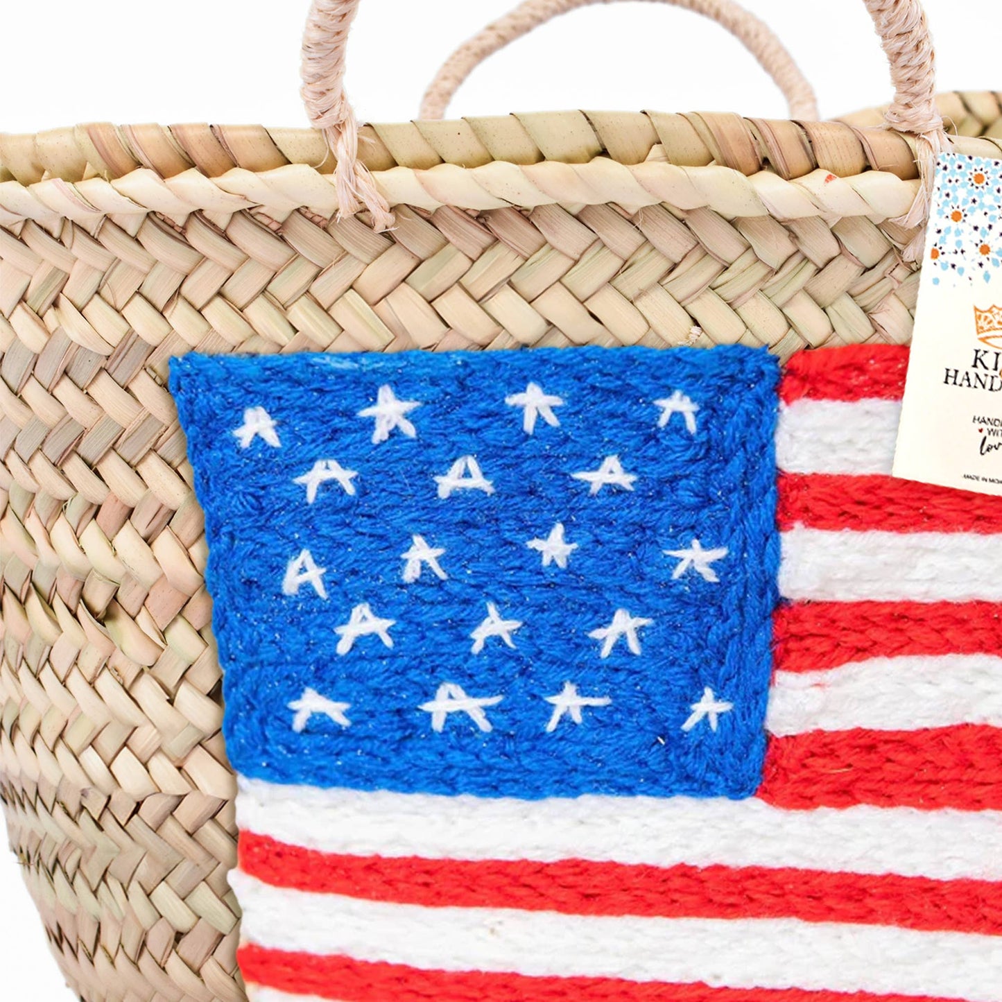 Handcrafted Woven Straw Bag with US Flag - Patriotic Tote