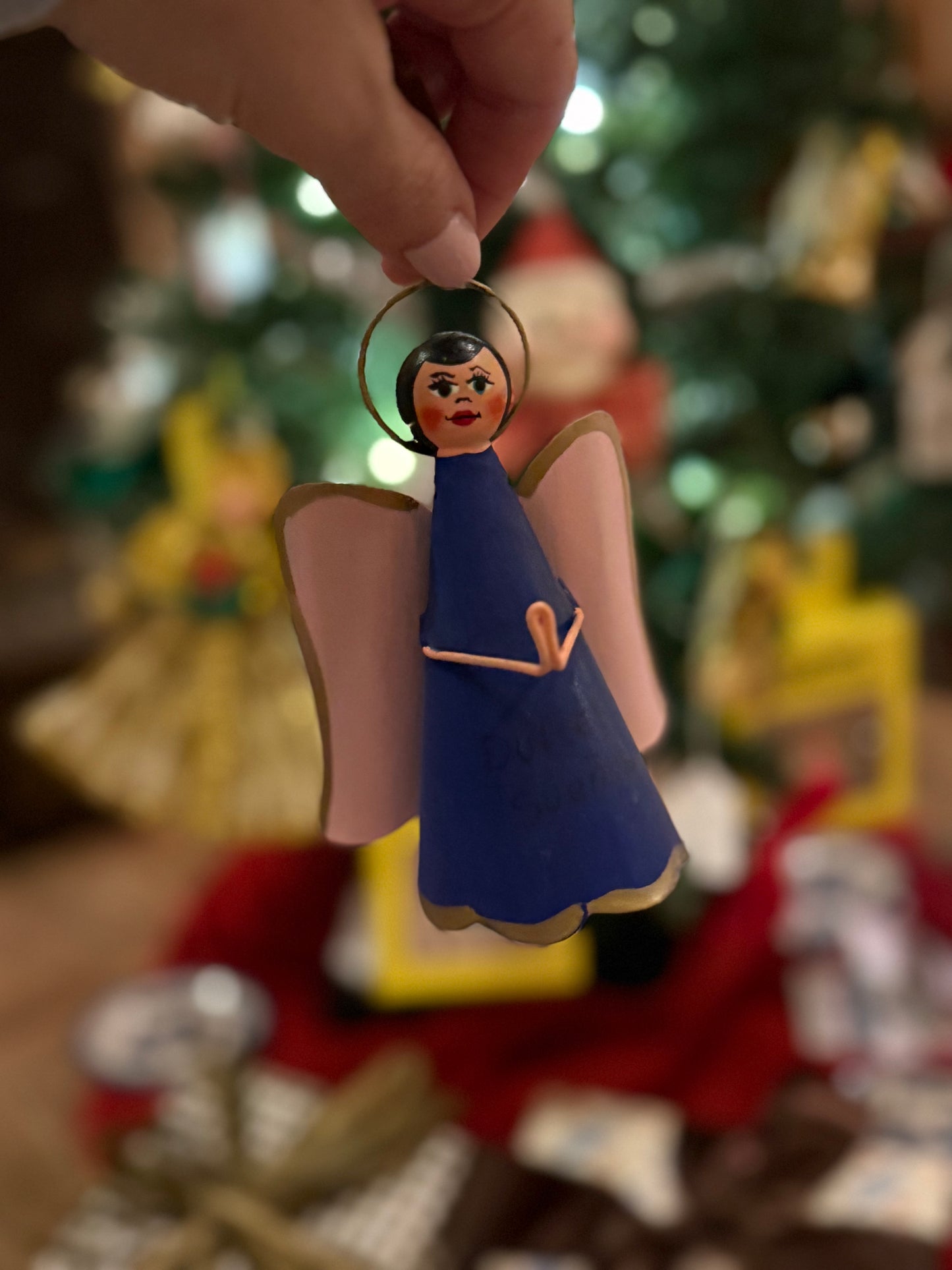 Handmade Angel Ornament on Leather Cording - Blue with Pink