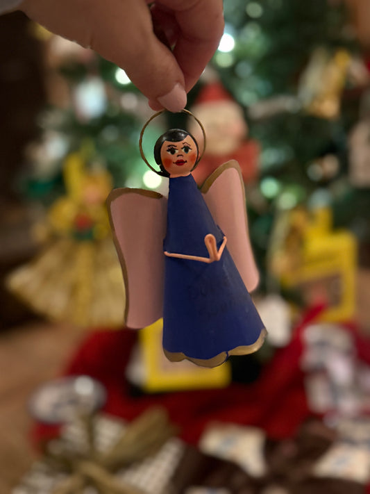 Handmade Angel Ornament on Leather Cording - Blue with Pink