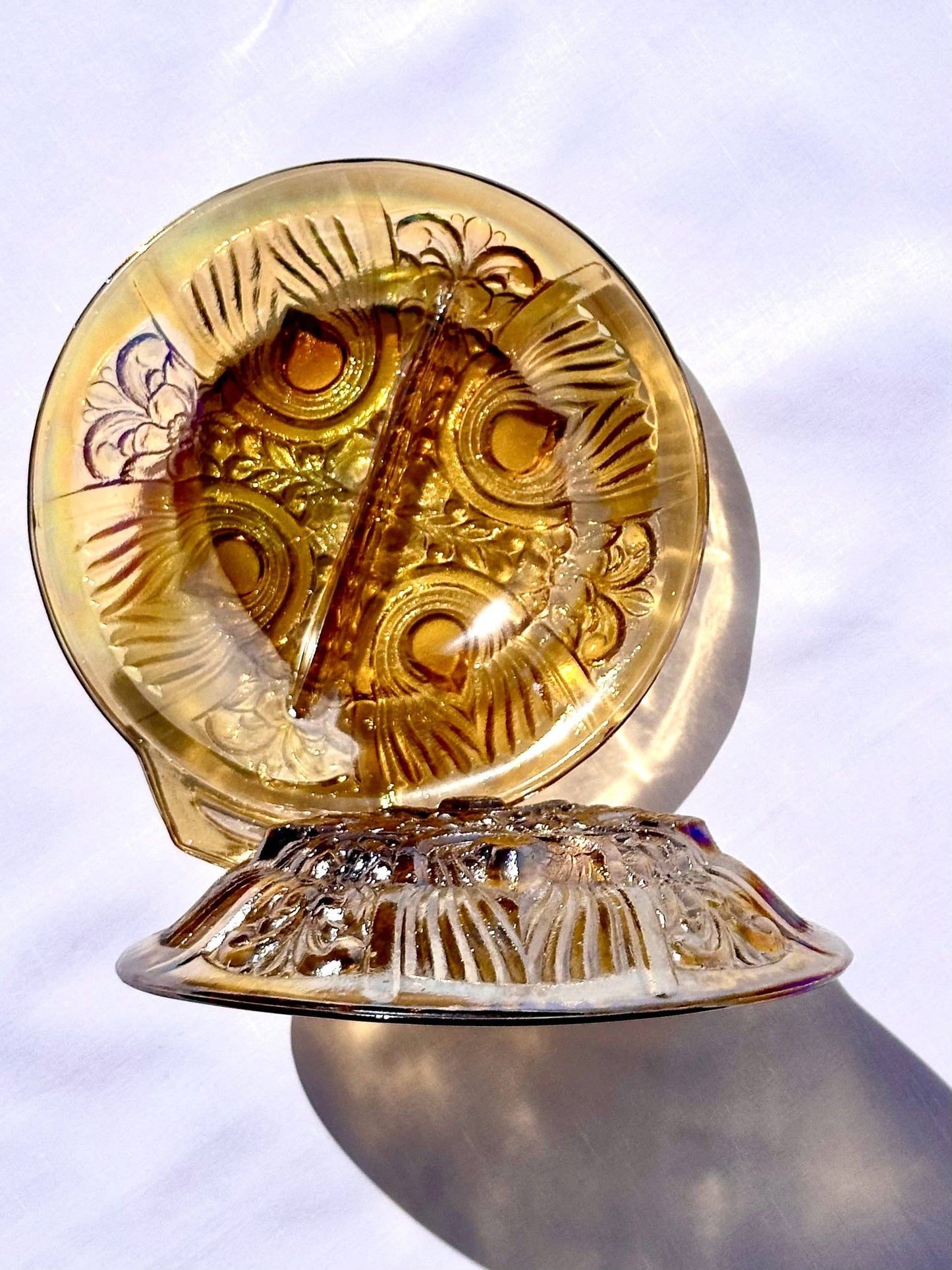 Vintage Amber Glass Divided Bowl with Handle