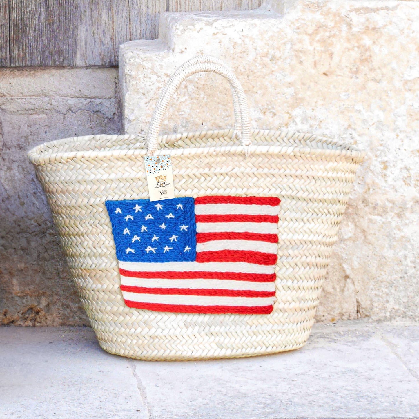 Handcrafted Woven Straw Bag with US Flag - Patriotic Tote