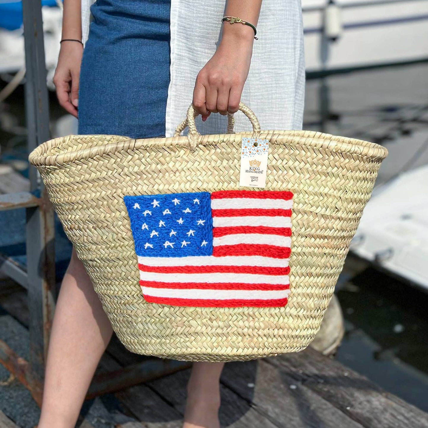 Handcrafted Woven Straw Bag with US Flag - Patriotic Tote