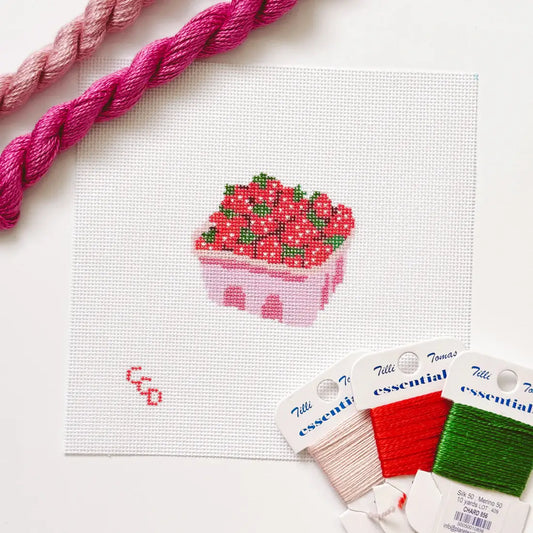 Hand-Painted Strawberry Basket Needlepoint Canvas 3” 18 mesh