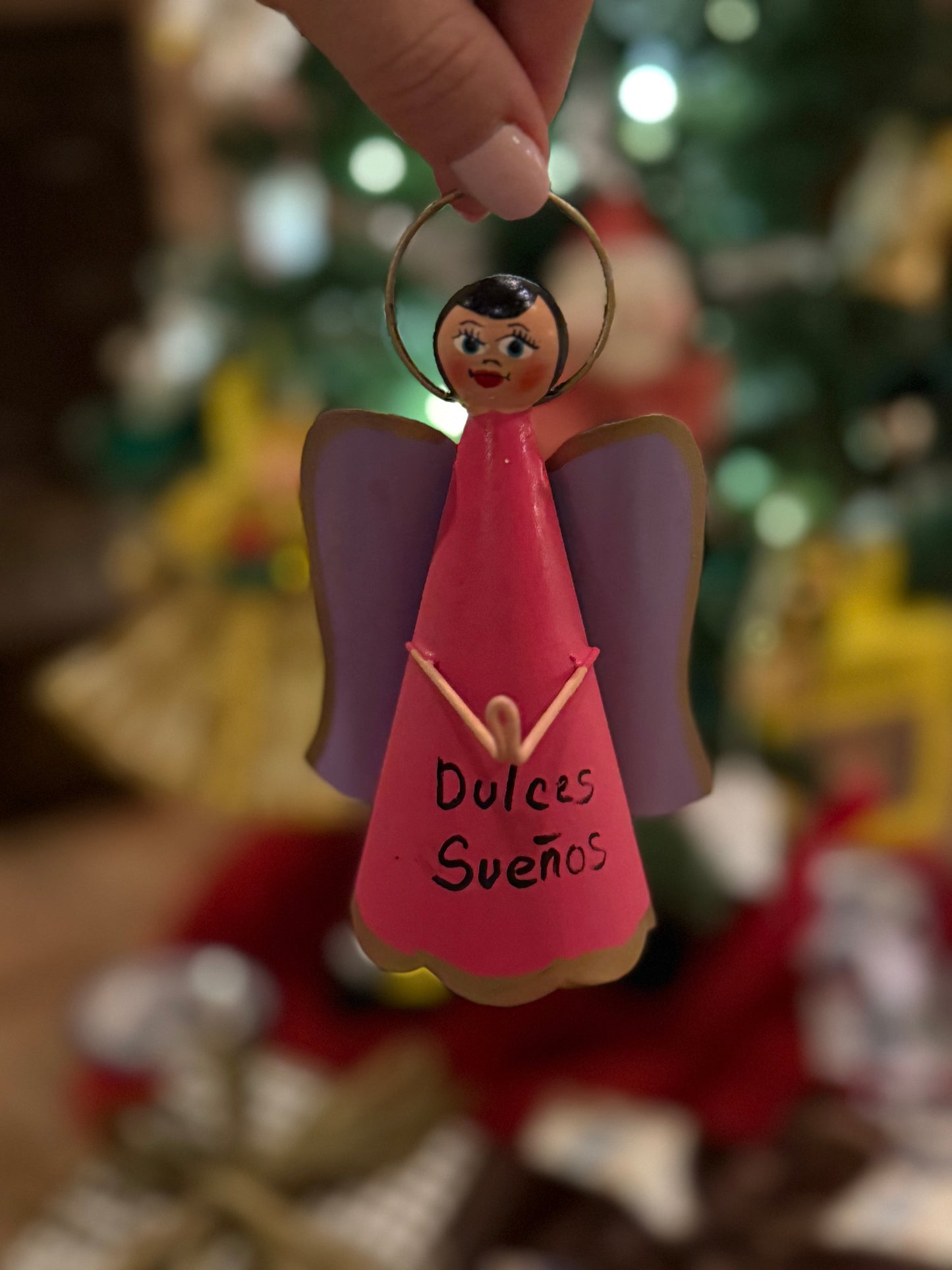 Handmade Angel Ornament on Leather Cording - Pink with Purple