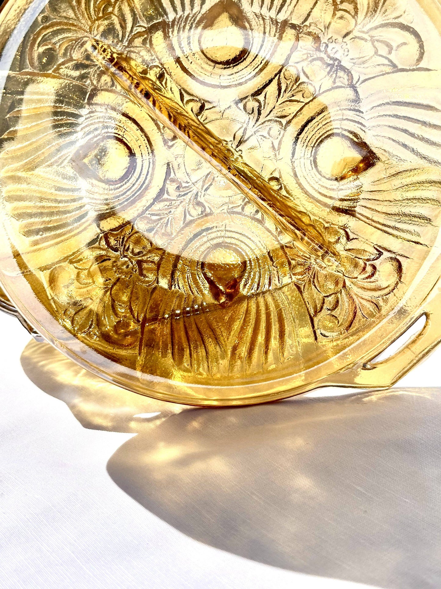 Vintage Amber Glass Divided Bowl with Handle