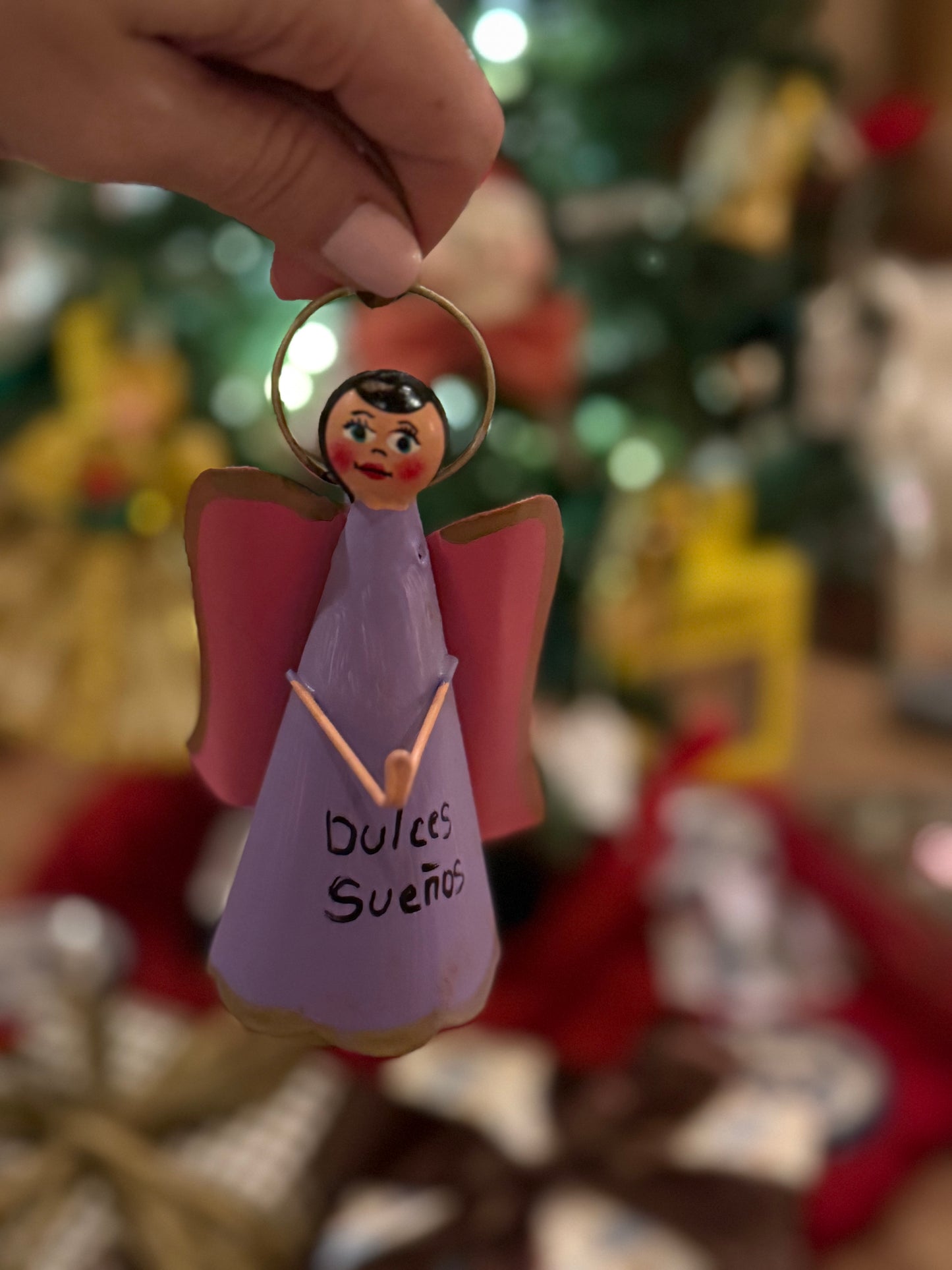 Handmade Angel Ornament on Leather Cording - Purple with Pink