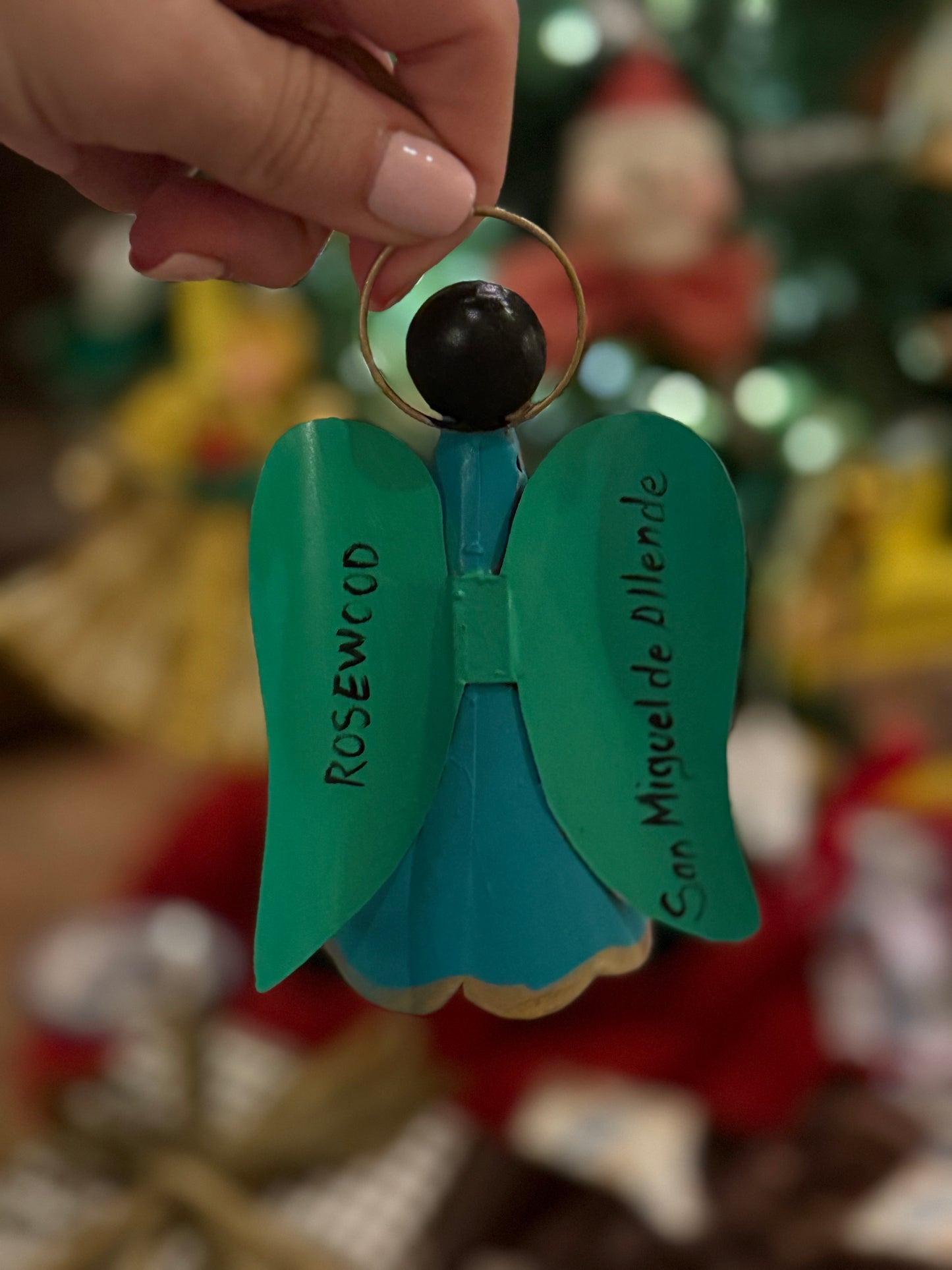 Handmade Angel Ornament on Leather Cording - Teal and Green