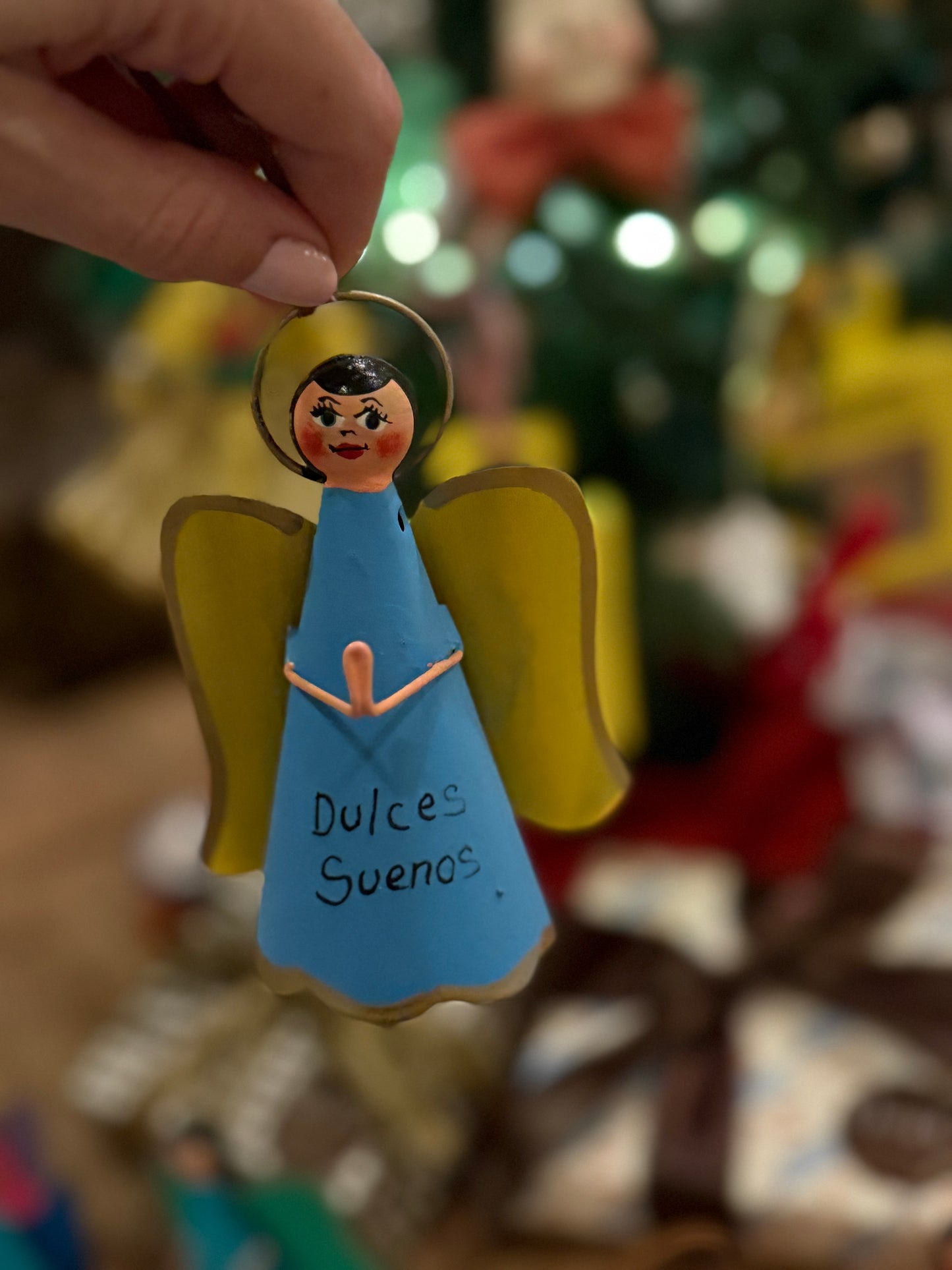 Handmade Angel Ornament on Leather Cording - Blue and Yellow