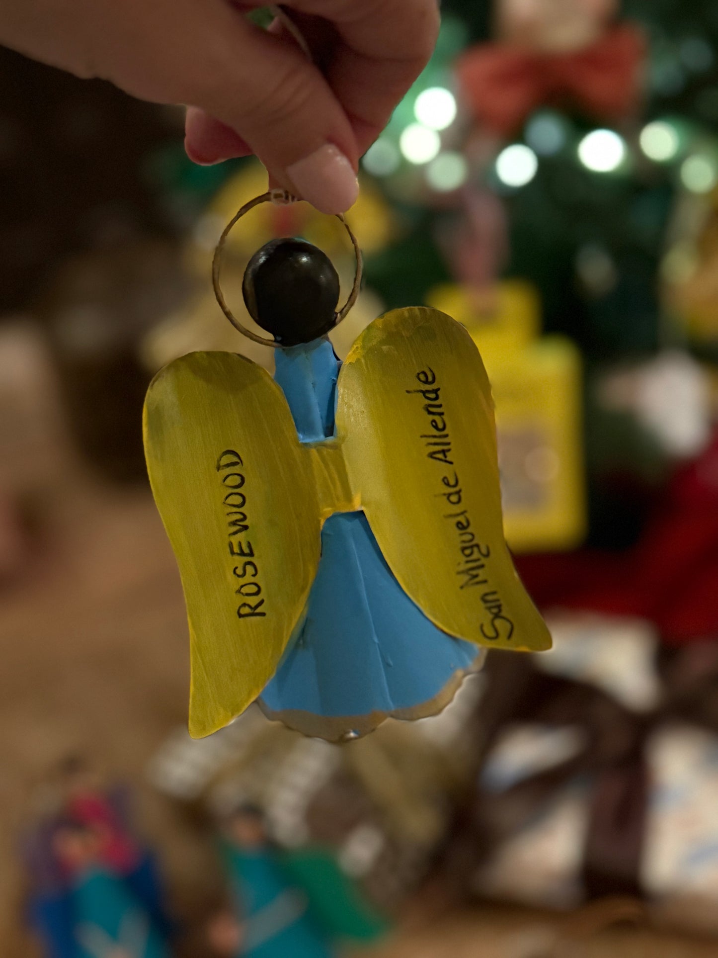 Handmade Angel Ornament on Leather Cording - Blue and Yellow