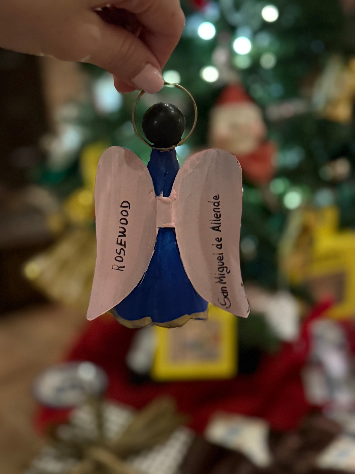 Handmade Angel Ornament on Leather Cording - Blue with Pink