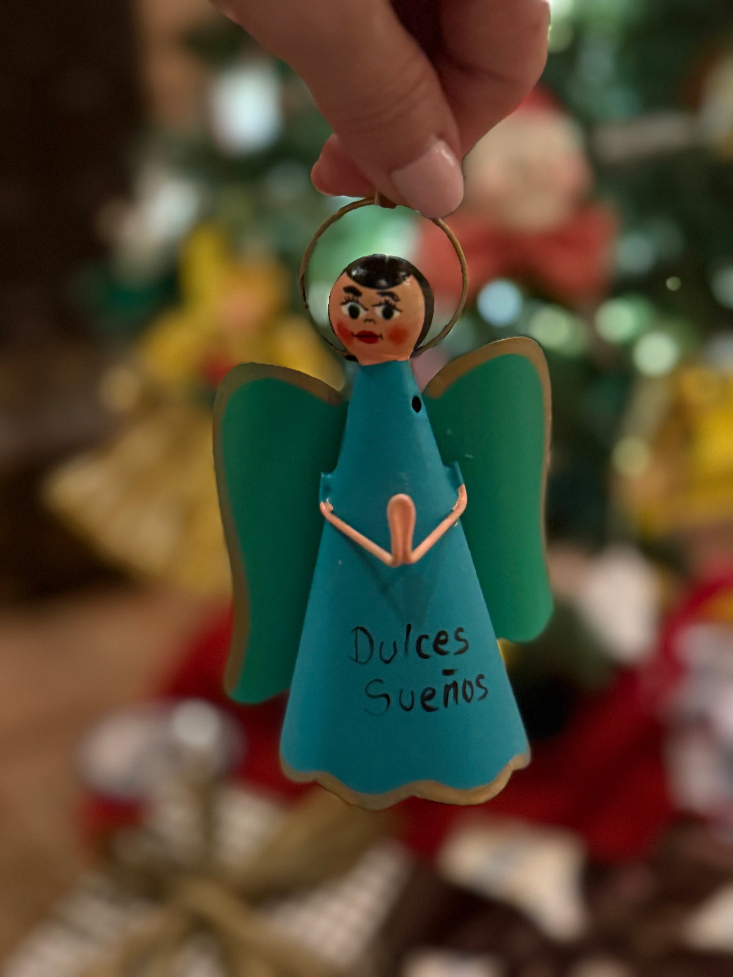 Handmade Angel Ornament on Leather Cording - Teal and Green