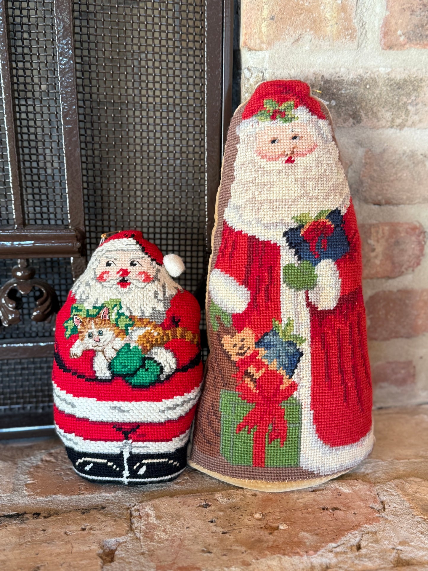 Vintage Santa Needlepoint Pillow - Santa with Cat