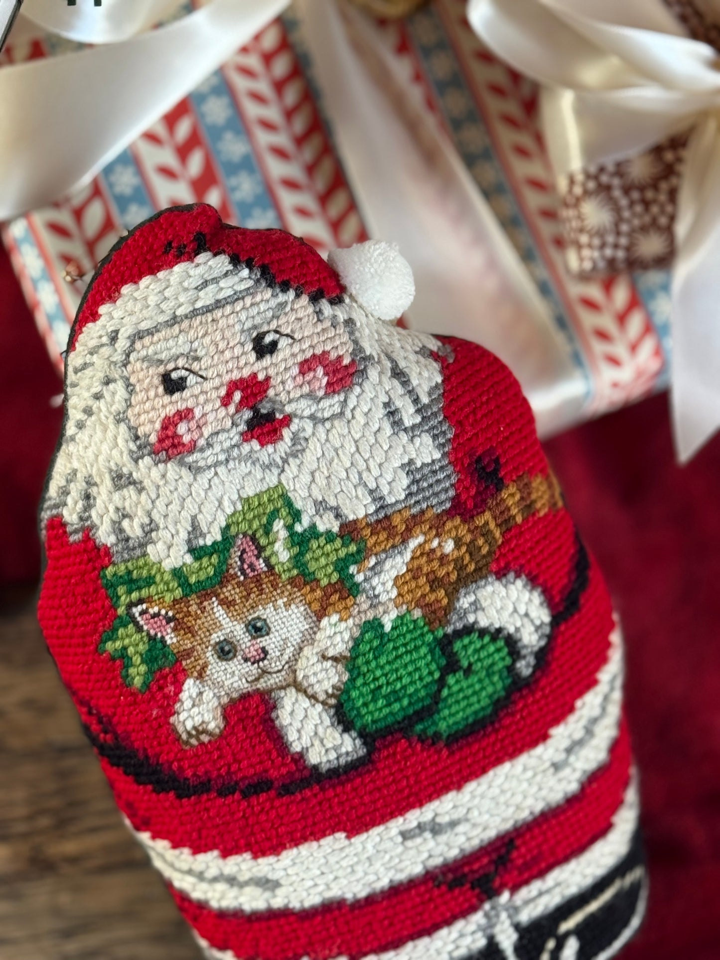 Vintage Santa Needlepoint Pillow - Santa with Cat