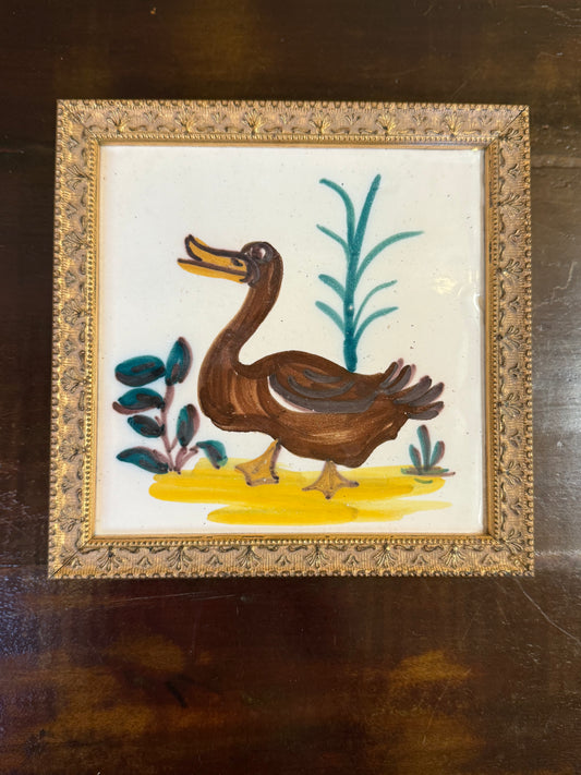 Framed Antique Hand-Painted French Tile - Duck I in Gold Frame