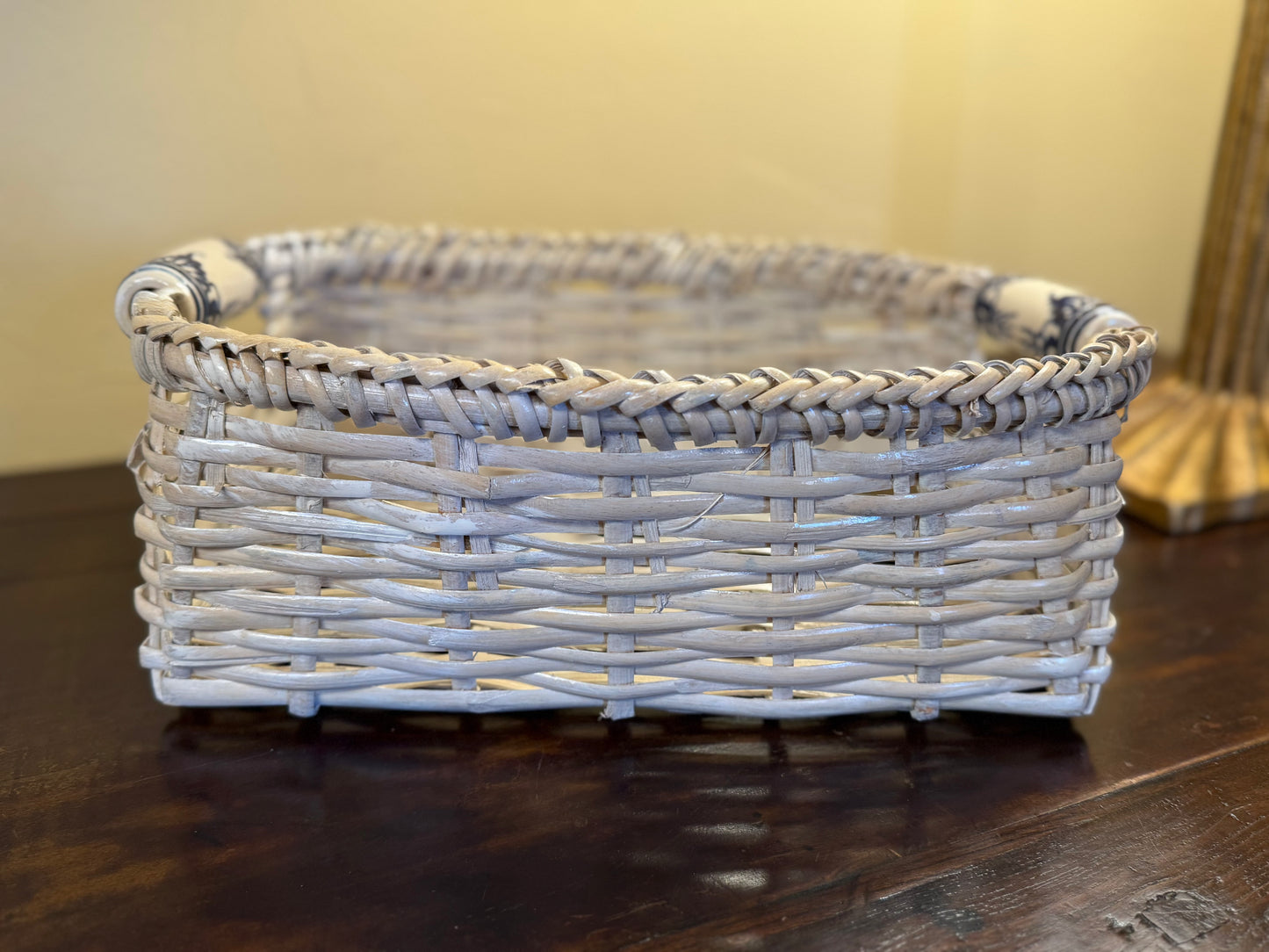 Antique White Wicker Basket with Porcelain Deft Handles