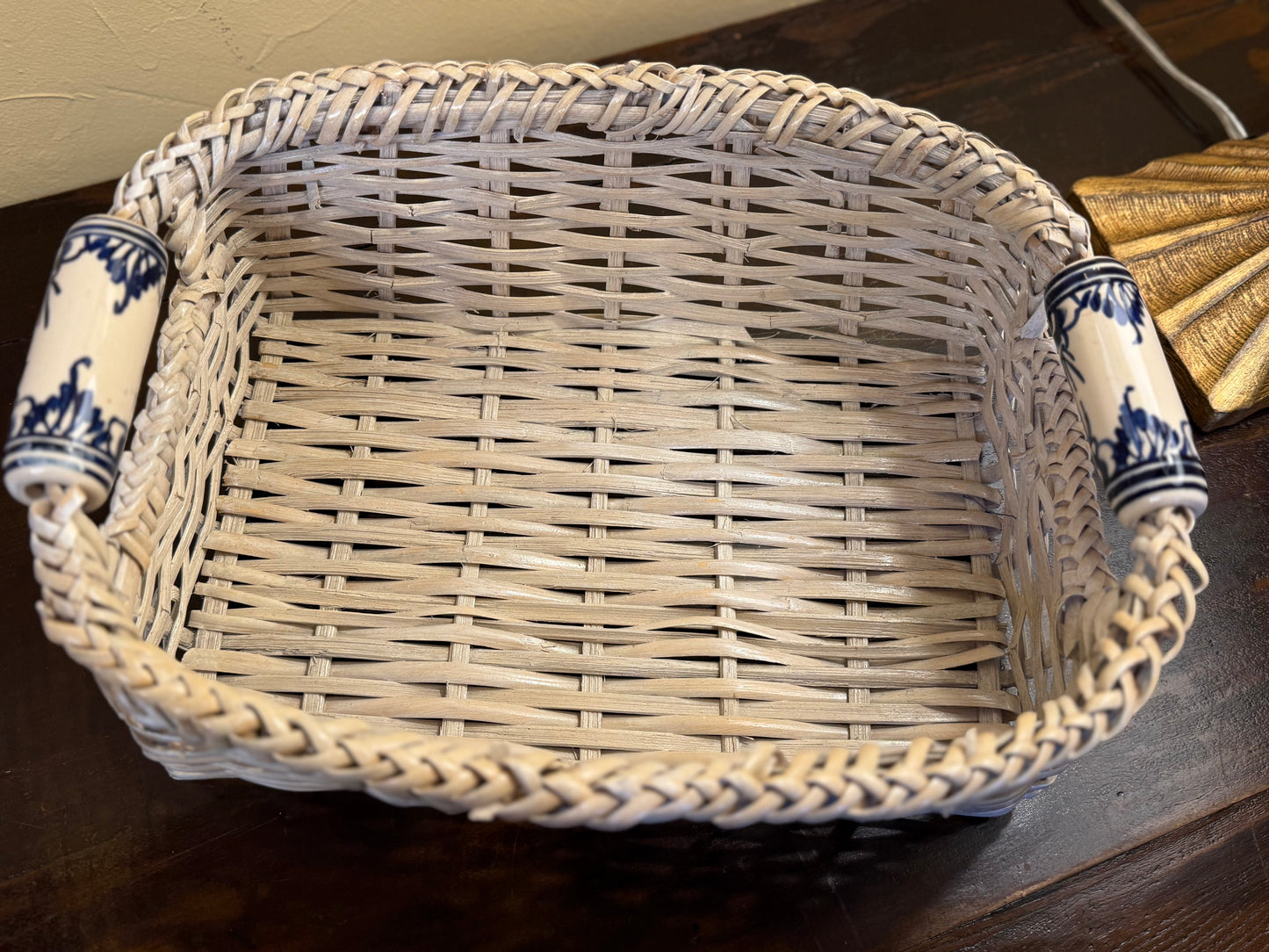 Antique White Wicker Basket with Porcelain Deft Handles
