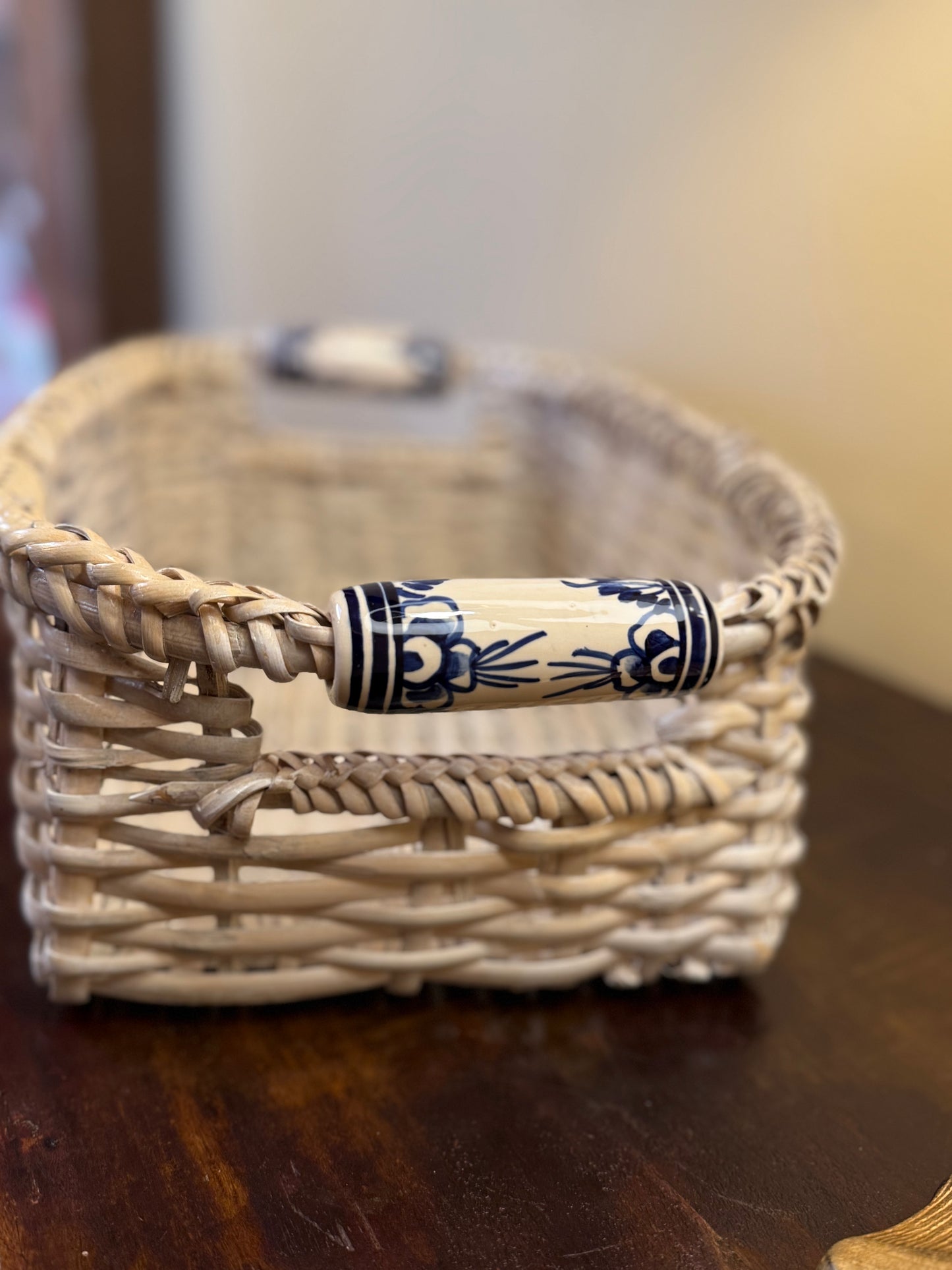 Antique White Wicker Basket with Porcelain Deft Handles