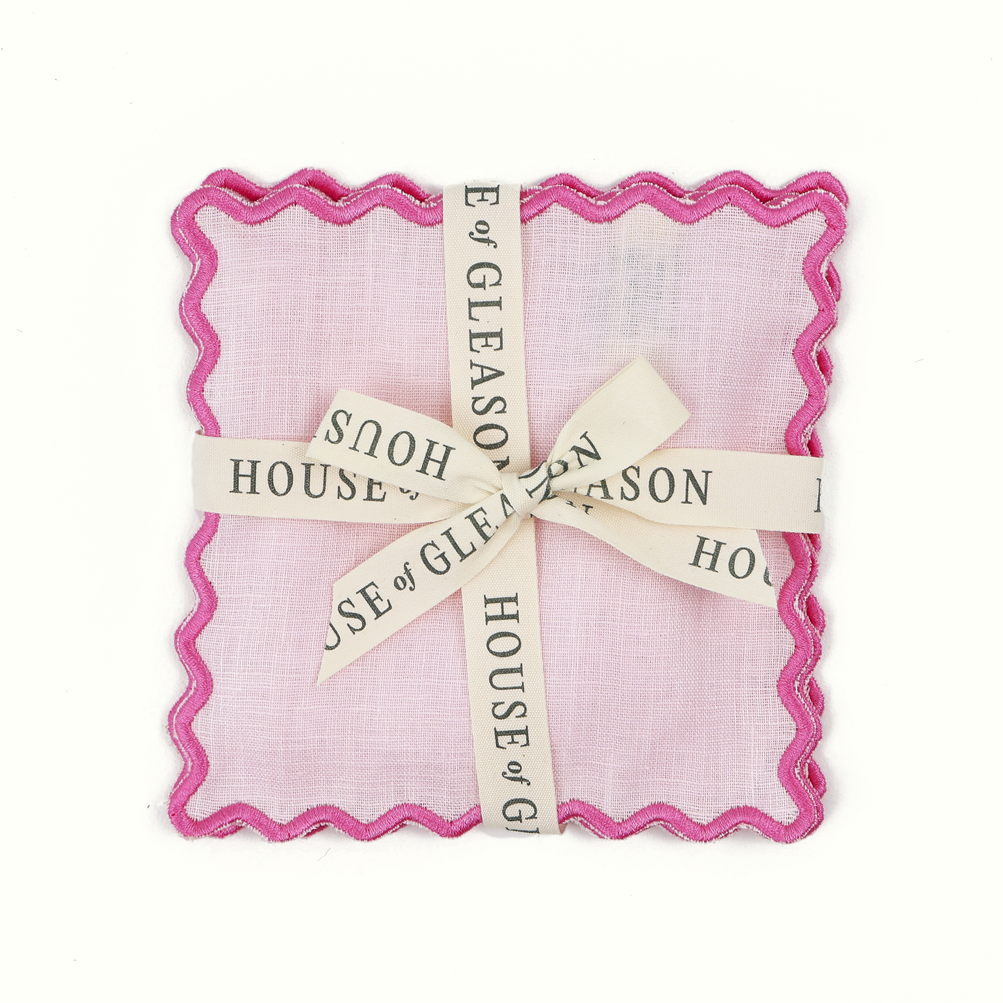Scalloped Pink Linen Square Cocktail Napkins - Set of 4