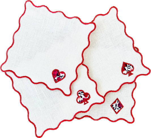 Linen Cocktail Napkins Set: Card Suit Appliqué, Liberty of London Fabric
